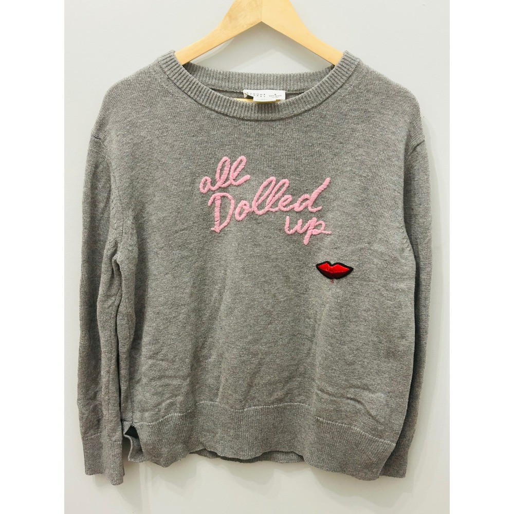 kate spade Gray Crewneck Sweater with Pink Embroidery & Red Lip Patch